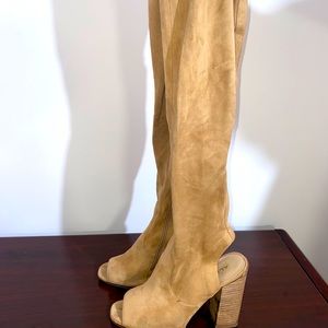 Thigh high open toe open heel boots